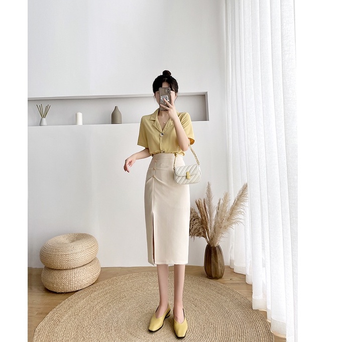 Chân váy bút chì công sở xẻ tà dáng dài cạp cao chất tuyết mưa, bút chì xẻ trước xếp li phối 3 cúc d68cm