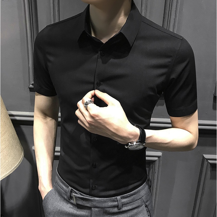 Áo sơ mi nam Cộc Tay Trắng dáng body Hàn Quốc không nhăn, so mi nam loại đẹp