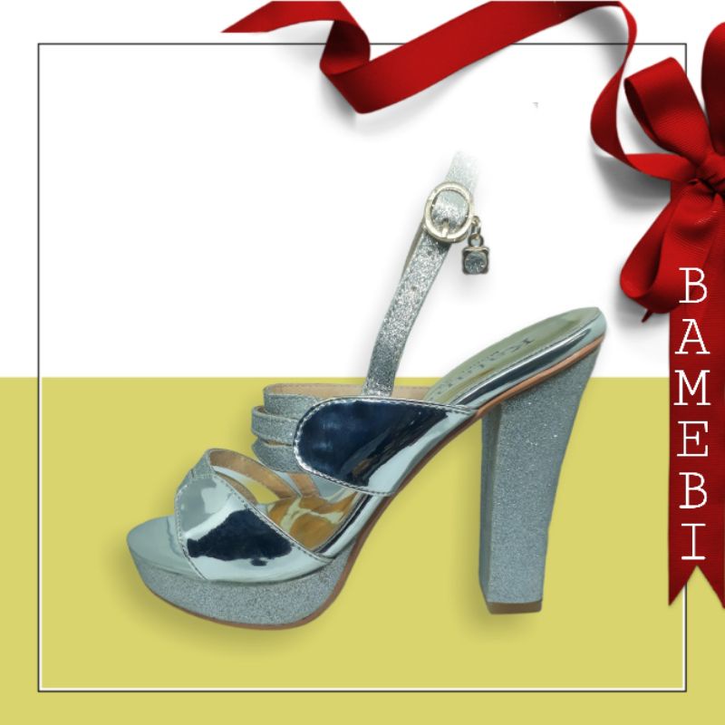 Giày sandal cao gót vuông 1 tấc màu bạc kim tuyến lấp lánh sang trọng đế đi đám cưới / đi tiệc