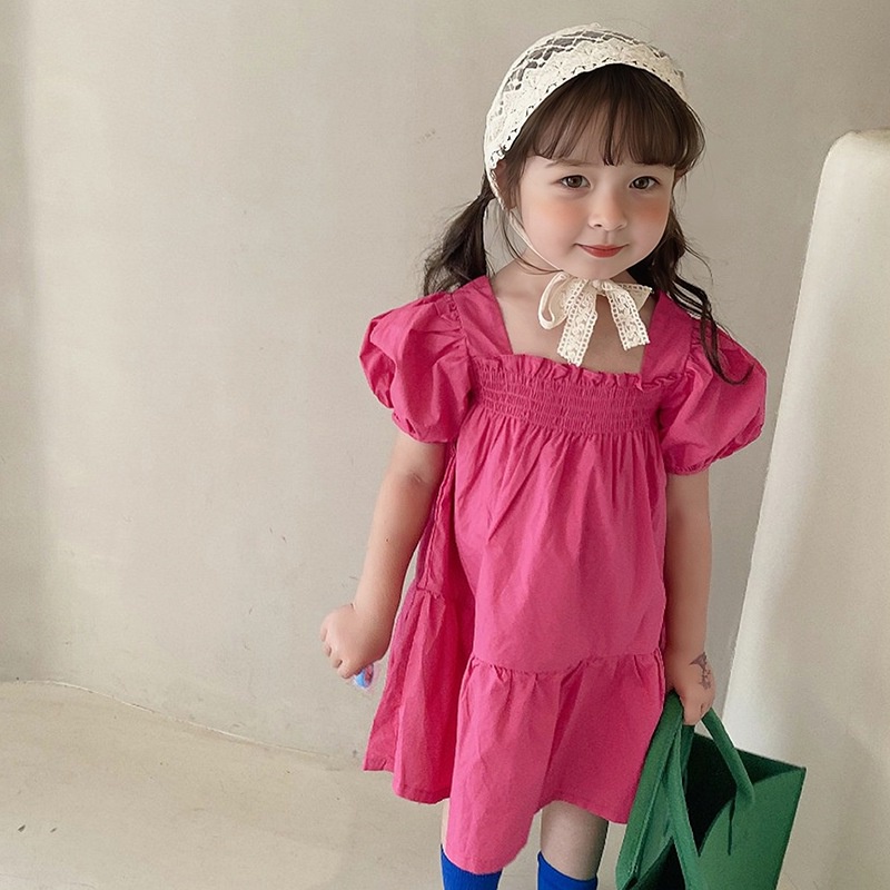 Đầm Tay Phồng Cổ Vuông Màu Sắc Ngọt Ngào Phong Cách Hàn Quốc Thời Trang Mùa Hè Xinh Xắn Cho Bé Gái