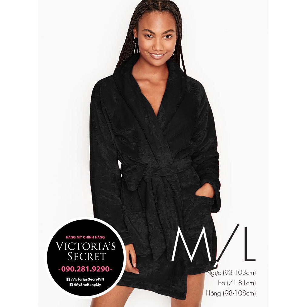 (Sleep Size M/L) - Áo choàng tắm bigsize (40), áo choàng ngủ đen, thêu chữ Victoria's Secret, Black Cozy Robe