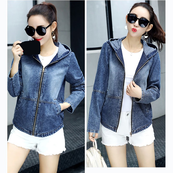 Áo Khoác Jean Nữ Dài Tay Nón Trùm Thời Trang