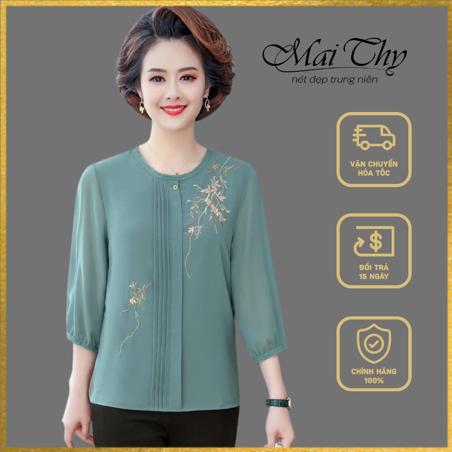 Áo Trung Niên Nữ MT811, Mẫu Áo Sơ Mi Cho Mẹ Form Rộng Cổ Tròn Thêu Hoa Xếp Ly Sang Trọng | Thời Trang Trung Niên Mai Thy