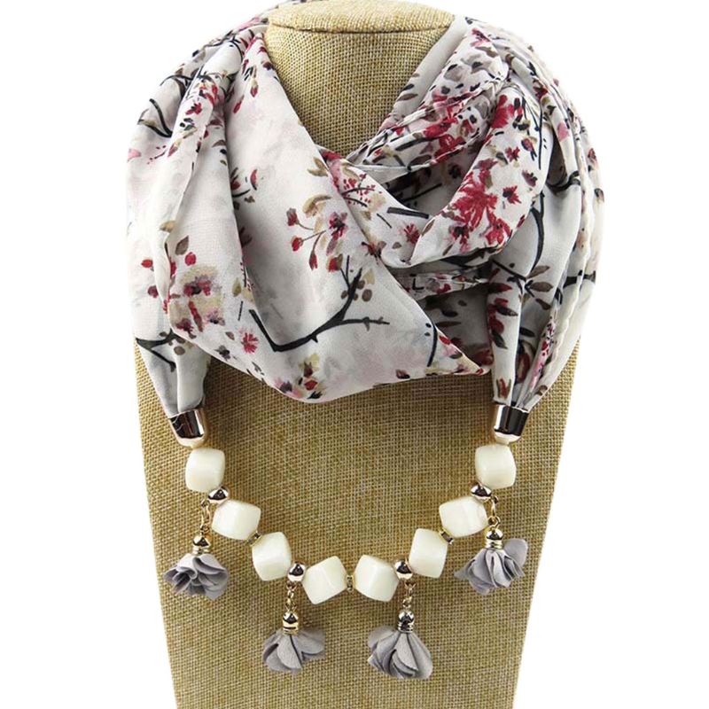 Khăn Choàng Cổ 180x48cm In Họa Tiết Hoa / Hình Học Đính Hạt Phối Tua Rua Phong Cách Dân Tộc Cho