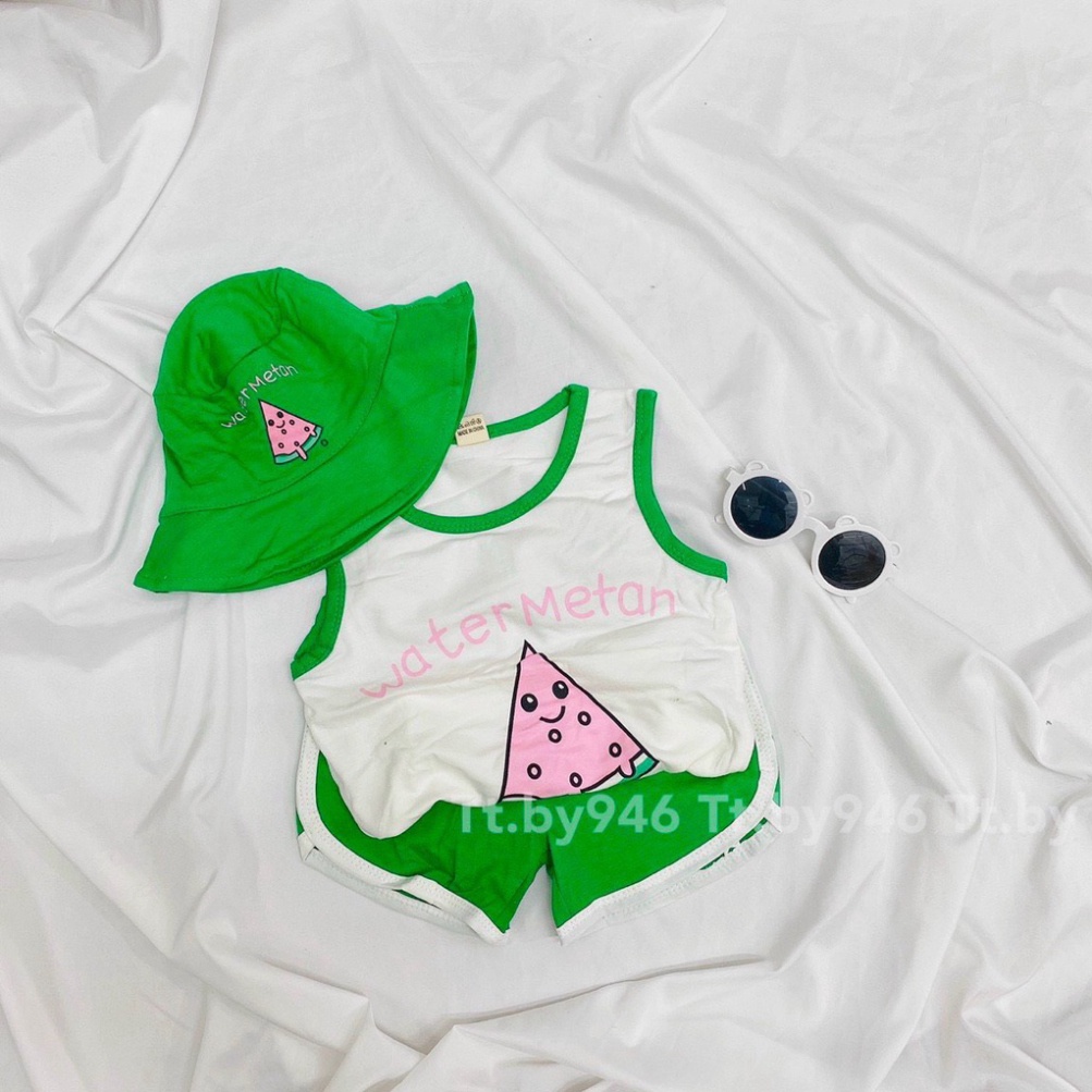 Bộ cộc tay bé gái, Bộ sát nách chạy viền hoa quả nhiệt đới tặng kèm mũ cho bé
