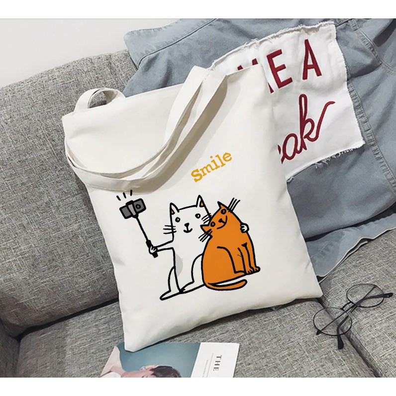 Túi Tote Canvas Vải Bố In Hình Mèo Selfie &amp; Mèo Đen