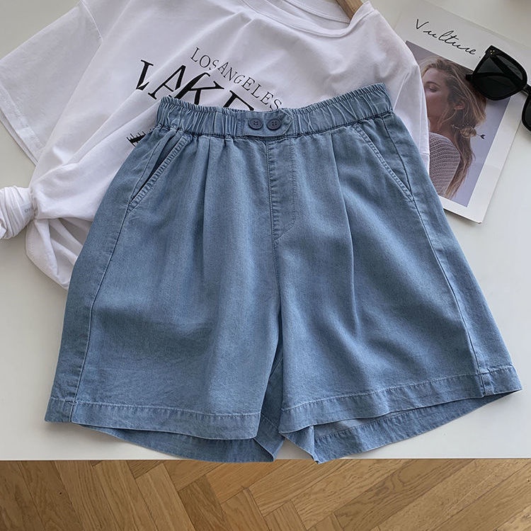 Quần short denim lưng cao ống rộng mềm mại thời trang cho nữ