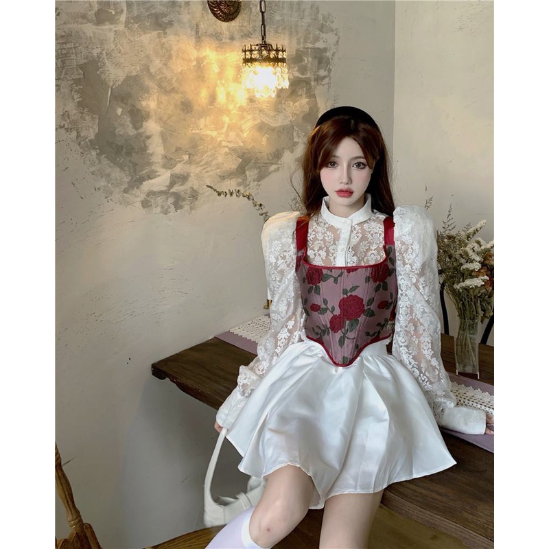 Set áo corset họa tiết hoa hồng+áo sơ mi+chân váy lưng cao thời trang mùa thu phong cách Pháp 2021 trẻ trung