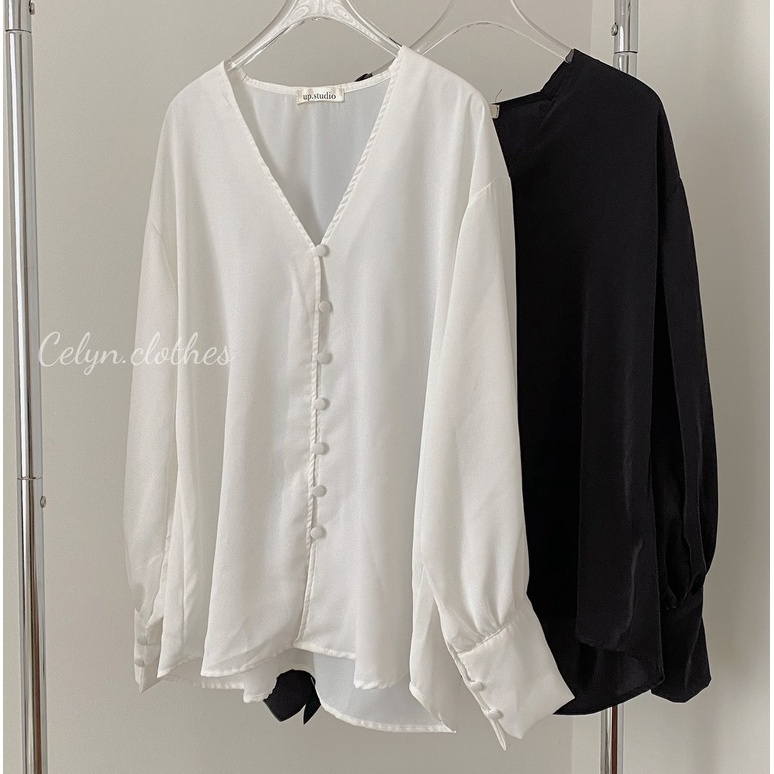 Áo Sơ Mi lụa Nữ kiểu cổ V đính nút bọc siêu đẹp A005 Celyn.clothes