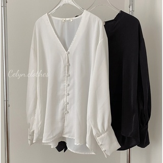 Áo Sơ Mi lụa Nữ kiểu cổ V đính nút bọc siêu đẹp A005 Celyn.clothes