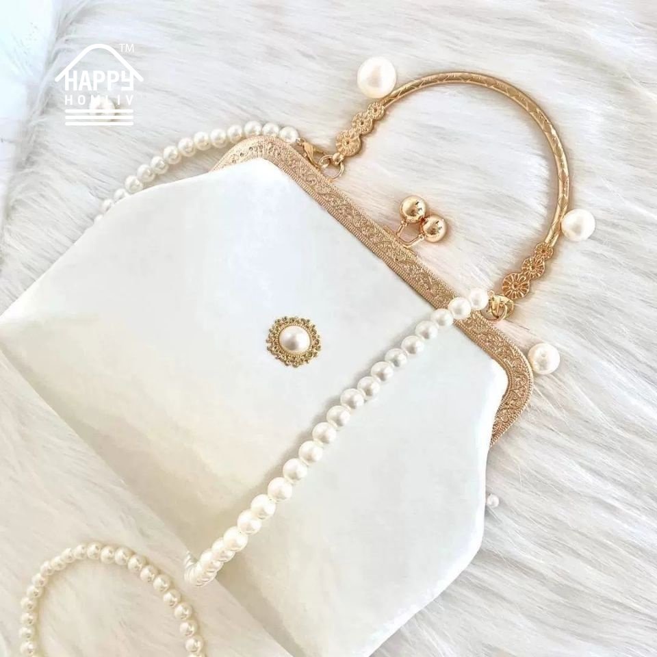 Túi đeo vai HAPPY HOMLIV phối dây ngọc trai thủ công với tay cầm màu vàng đồng cho nam và nữ