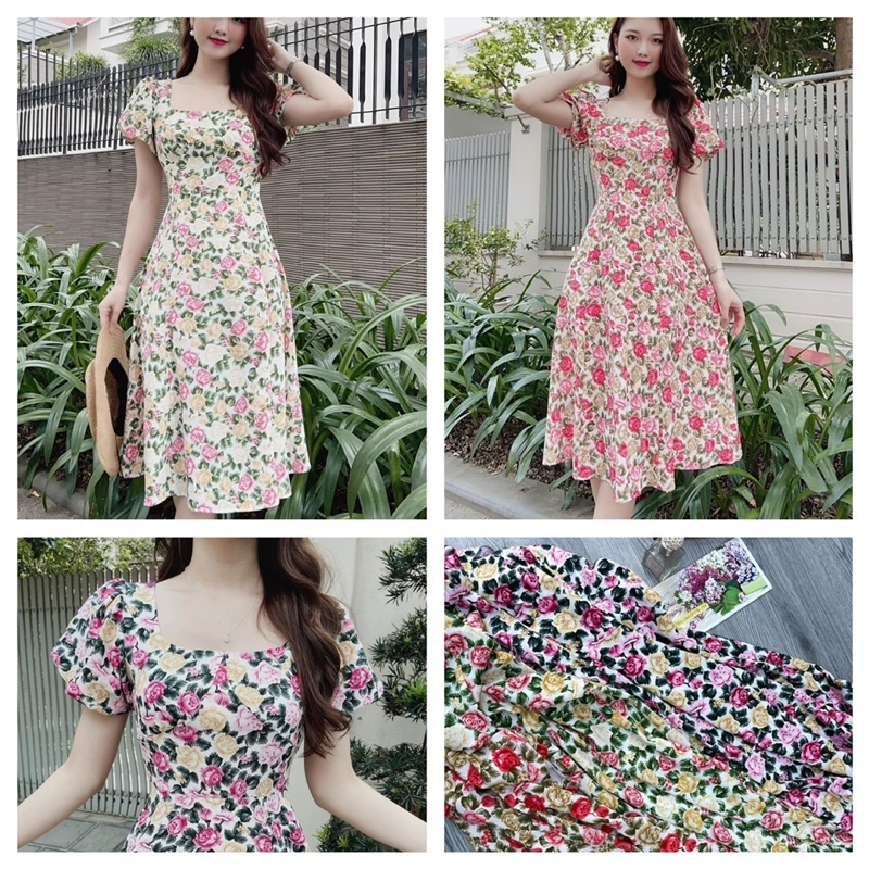 V26 - Váy hoa cổ vuông tay bồng, hoa nhí