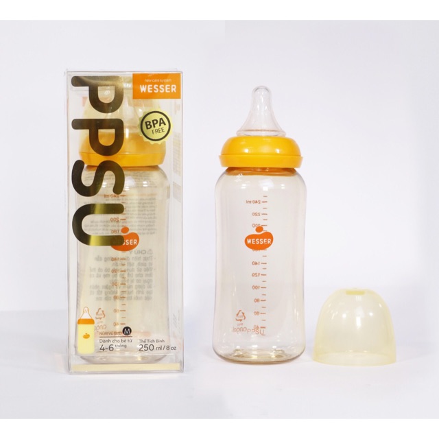 [Mẫu mới] Bình sữa PPSU Wesser 250ml cổ hẹp
