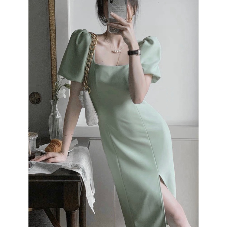 🌱VÁY CỔ VUÔNG TAY BỒNG XẺ TÀ HAI MÀU XINH XUẤT SẮC{Mini House}
