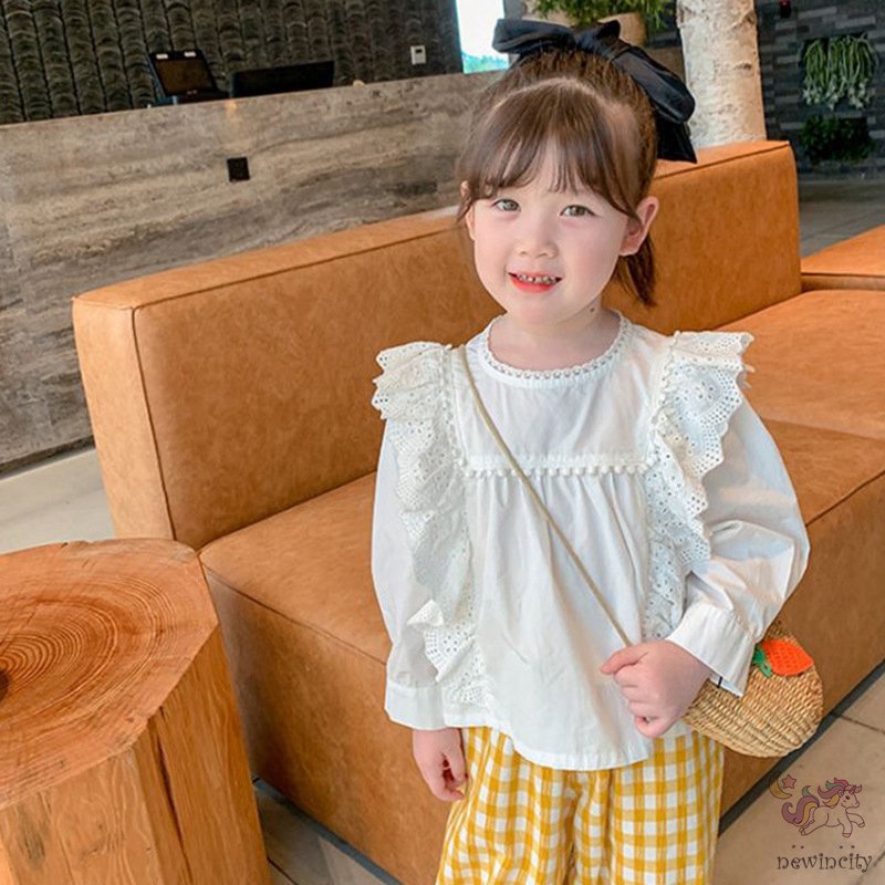 Áo kiểu tay dài phối ren phong cách Hàn Quốc xinh xắn dễ phối đồ cho bé gái