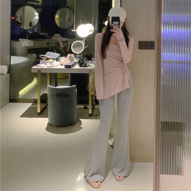 Áo Thun Tay Dài Phối Dây Rút Plus Size S-2XL