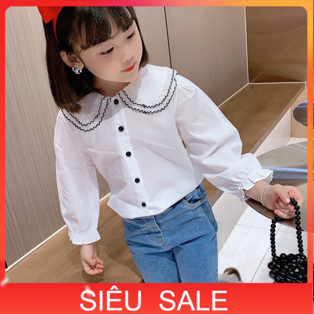 Áo sơ mi dài tay bé gái 3-8 tuổi màu trắng dài tay cổ thuyền diềm, Sơ mi điệu trẻ em chất liệu vải thô cao cấp
