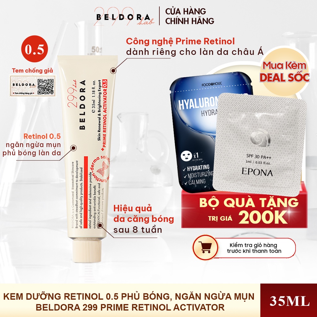 Kem Dưỡng Retinol 0.5 Phủ Bóng, Ngăn Ngừa Mụn Beldora 299 Prime Retinol Activator 35ml