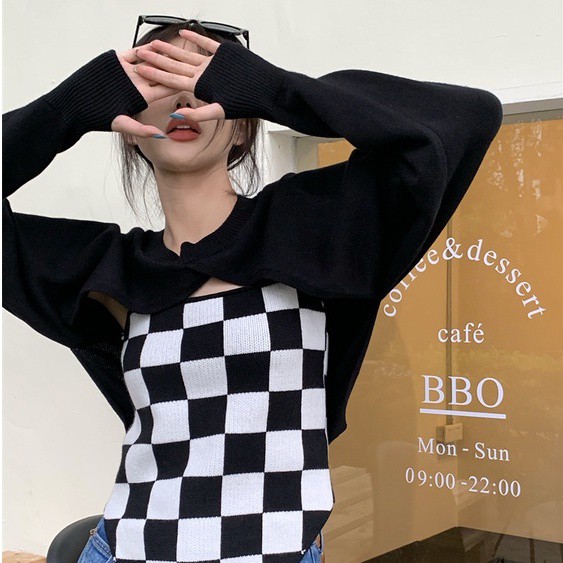 QADCOL Set áo hai dây và áo khoác len họa tiết ca rô thời trang dành cho nữ