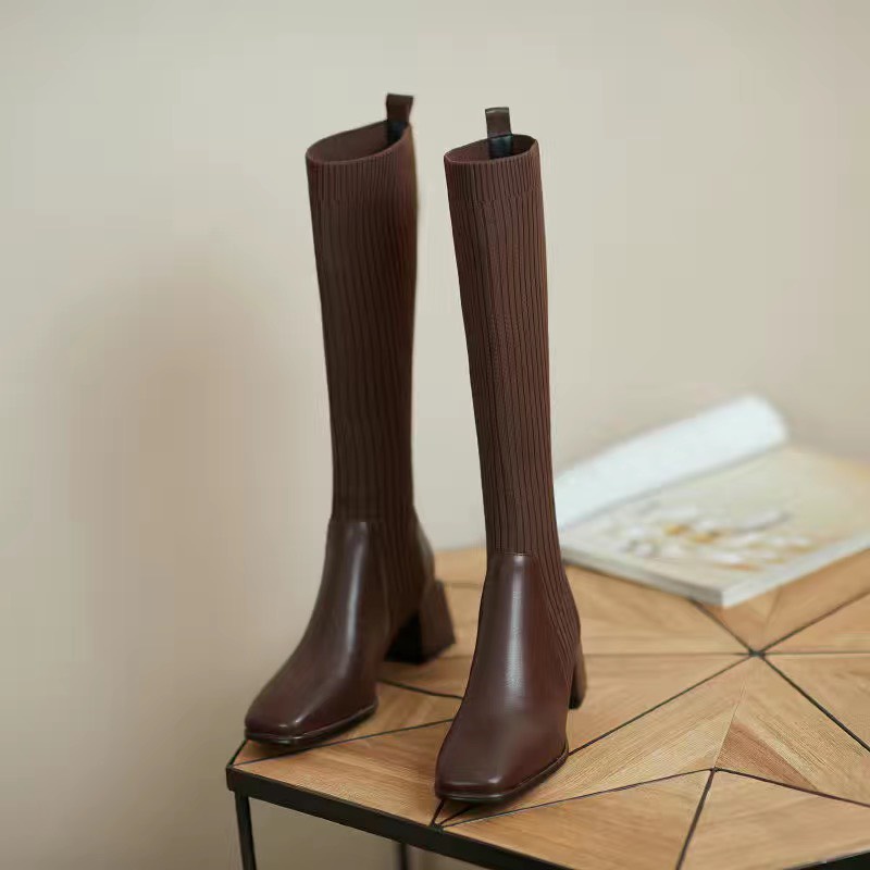 [Sẵn Đen,Nâu đậm 36] Bốt đùi nữ da PU phối len đầu vuông sang chảnh hàng Quảng Châu chất lượng tốt | BigBuy360 - bigbuy360.vn