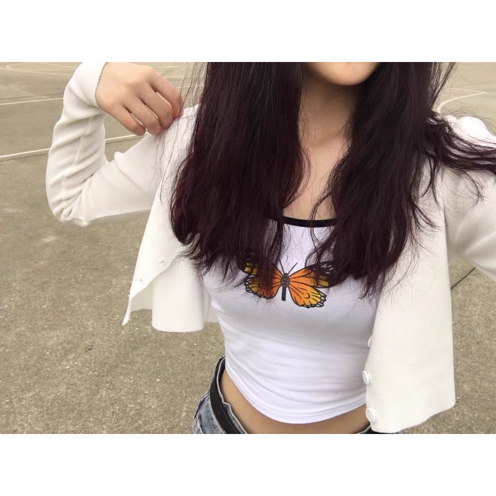 Áo croptop hai dây phối họa tiết bươm bướm phong cách Jennie BlackPink