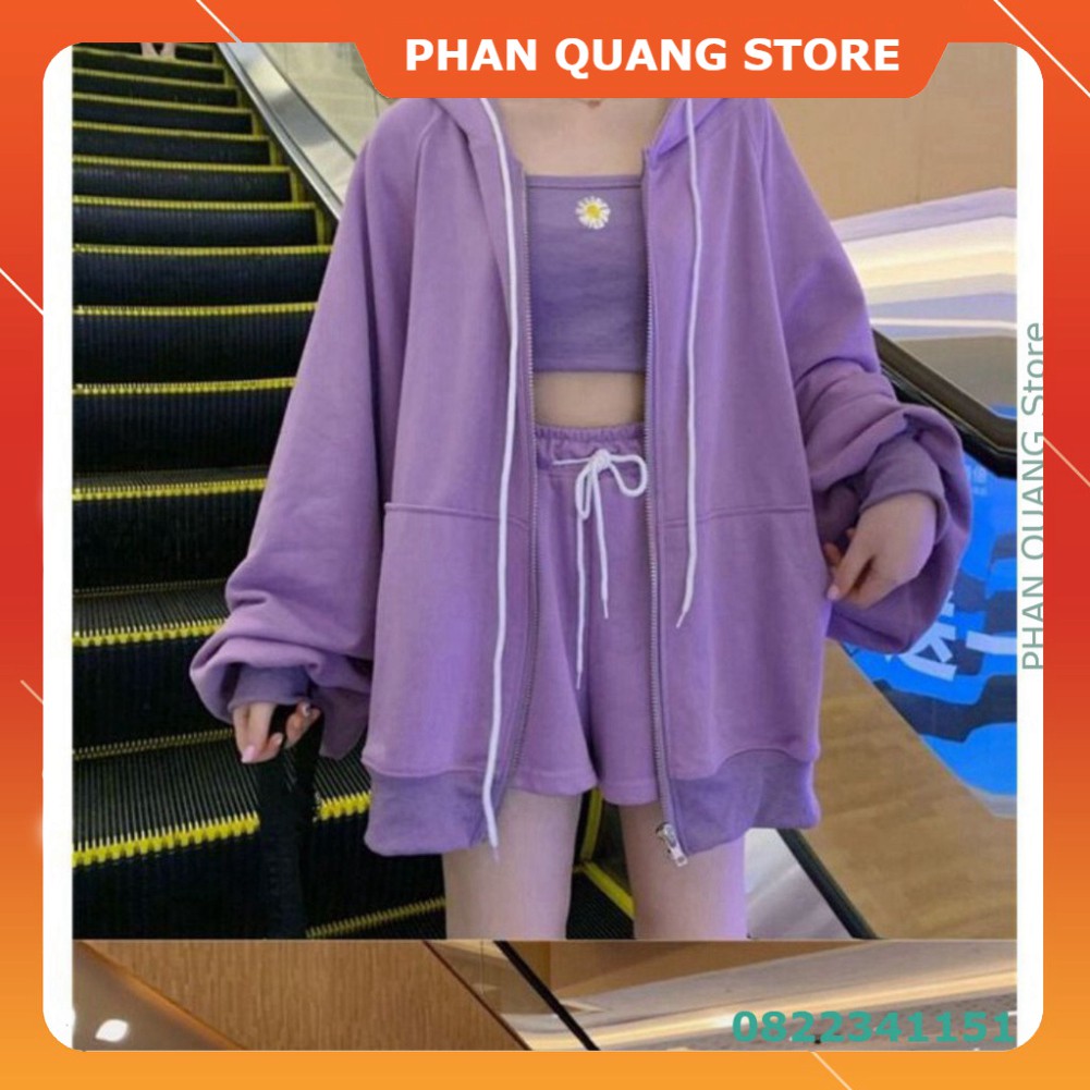 👗 SET HOODIE 3 MÓN : ÁO 2 DÂY HOA CÚC TÍM + QUẦN ĐÙI + ÁO KHOÁC NỈ MŨ KHOÁ KÉO PURPLE ULZZANG PQ-Shop