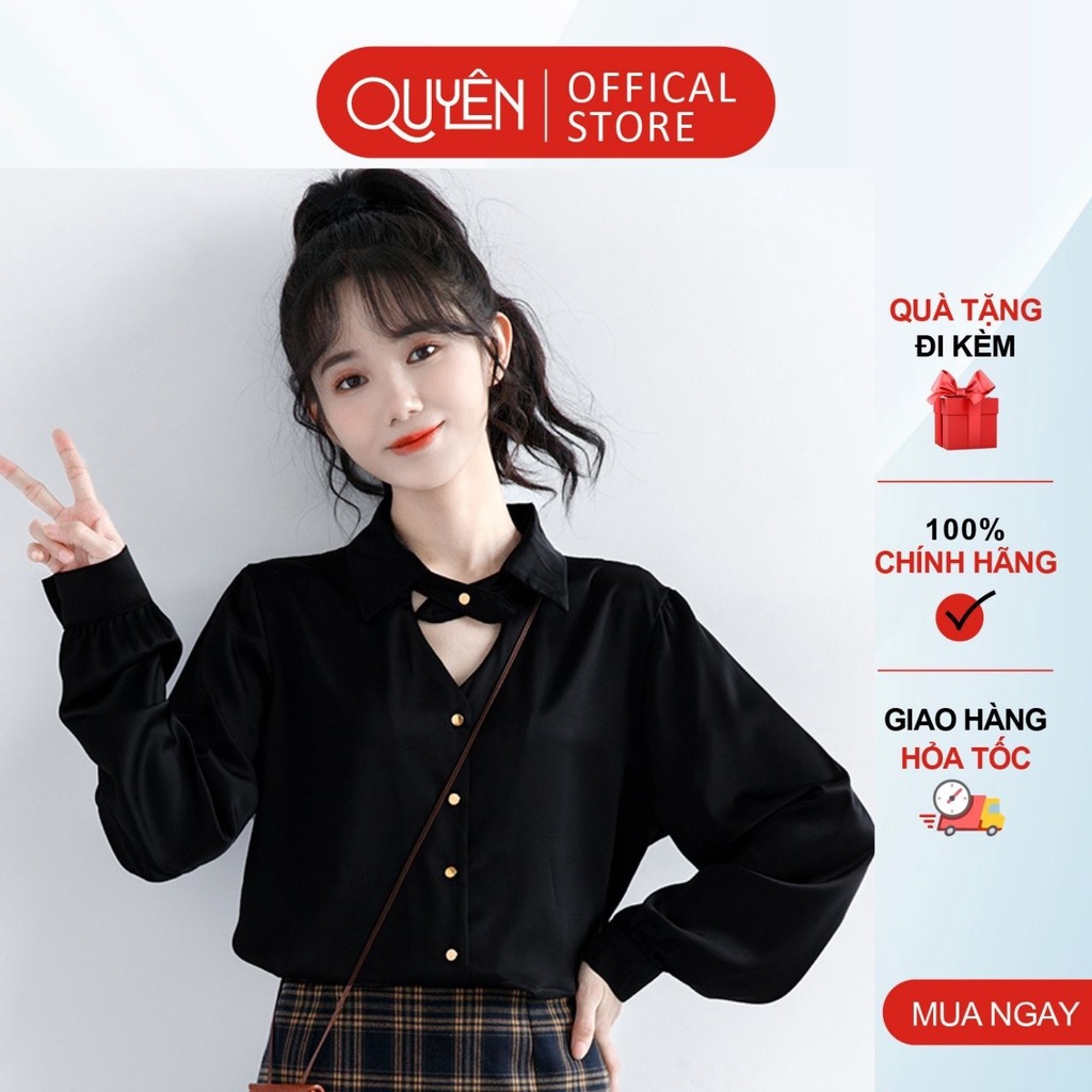 Áo sơ mi công sở kiểu dáng hàn quốc tay tiểu thư phồng Quyên Fashion AA557 màu đen cá tính