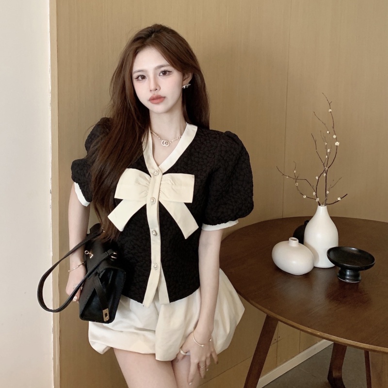 Áo Sơ Mi Cổ Chữ V Tay Phồng Đính Nơ Màu Tương Phản Thời Trang Mùa Hè Dễ Phối Đồ Dành Cho Nữ