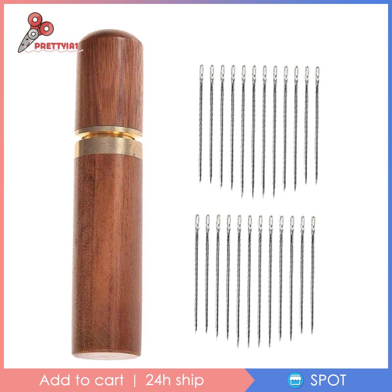 [Prettyia1] 24 Kim Xỏ Chỉ Tự Dính Với Hộp Đựng Kim Gỗ Màu Nâu_Golden