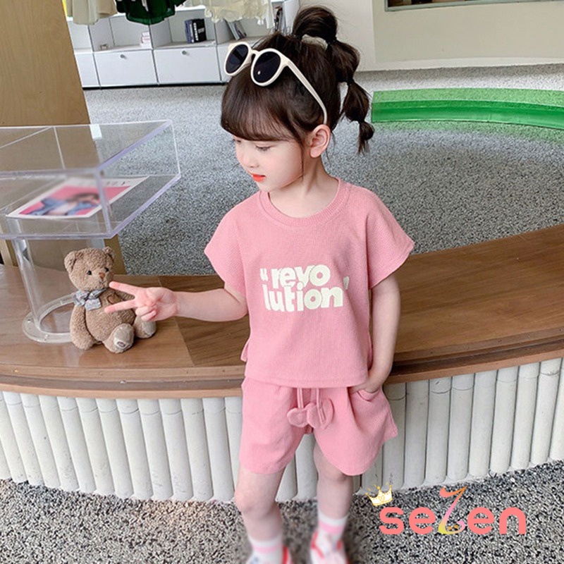 Se7en Set Áo Thun Ngắn Tay In Chữ + Quần Short Thời Trang Hè Hàn Quốc Cho Bé Gái