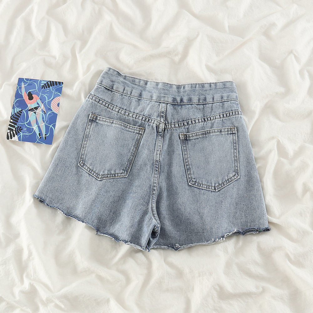 NUZIRO Quần short jeans  lưng cao ống rộng phong cách cổ điển cho nữ