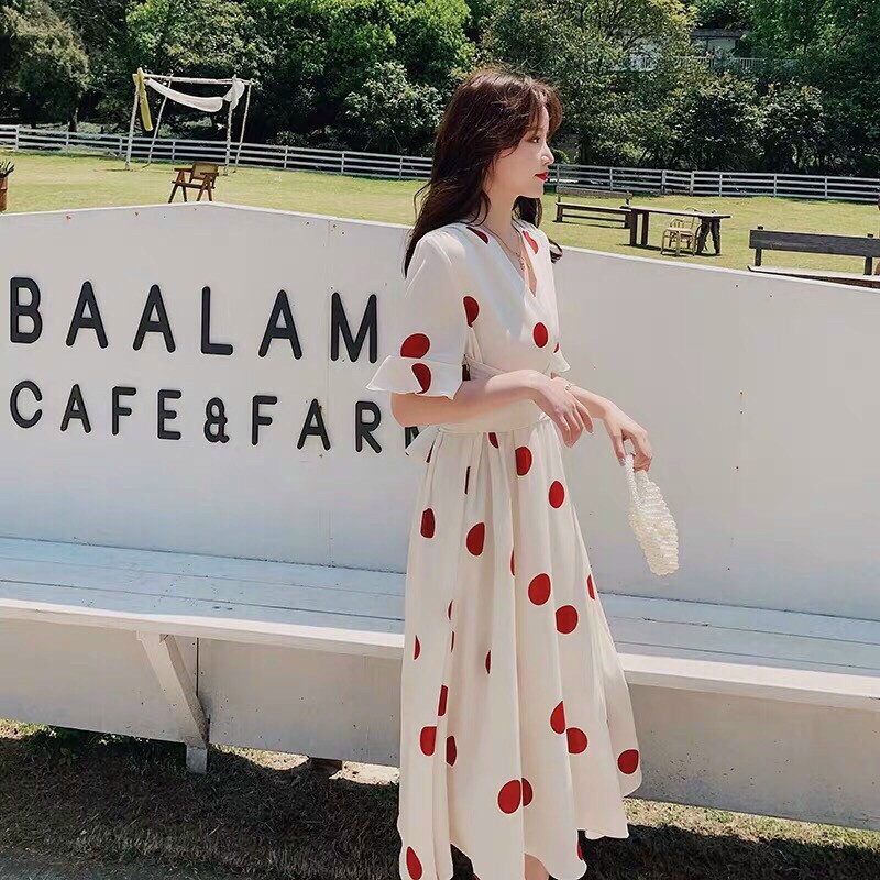 Váy ulzzang🌸FREESHIP🌸 Đầm ulzzang đầm maxi trắng họa tiết chấm bi có thắt eo dễ thương nữ tính | BigBuy360 - bigbuy360.vn