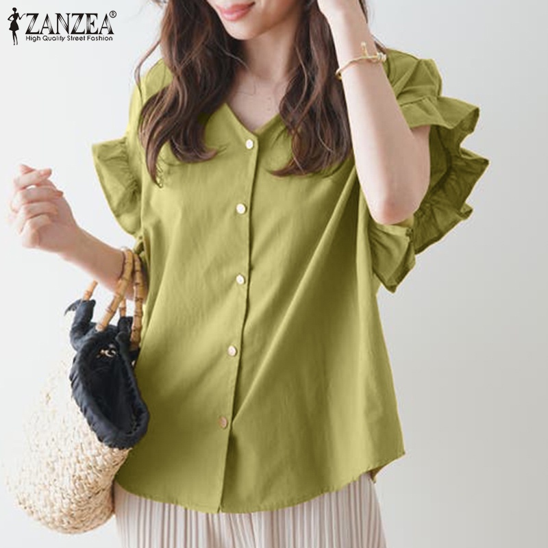 Áo sơ mi ZANZEA tay ngắn cổ chữ V phong cách Hàn Quốc đơn giản cho nữ