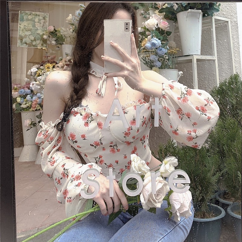 [Hàng order]Áo sơ mi hoa trễ vai áo kiểu cổ chocker tiểu thư sang chảnh ulzzang Hàn Quốc A174