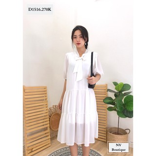 Đầm Nữ NHẬT VY Thiết Kế Cổ Chữ V Thắt Nơ Chất Voan Nhung Đi Chơi Dáng Suông Tầng Màu Đen, Trắng -  D1516