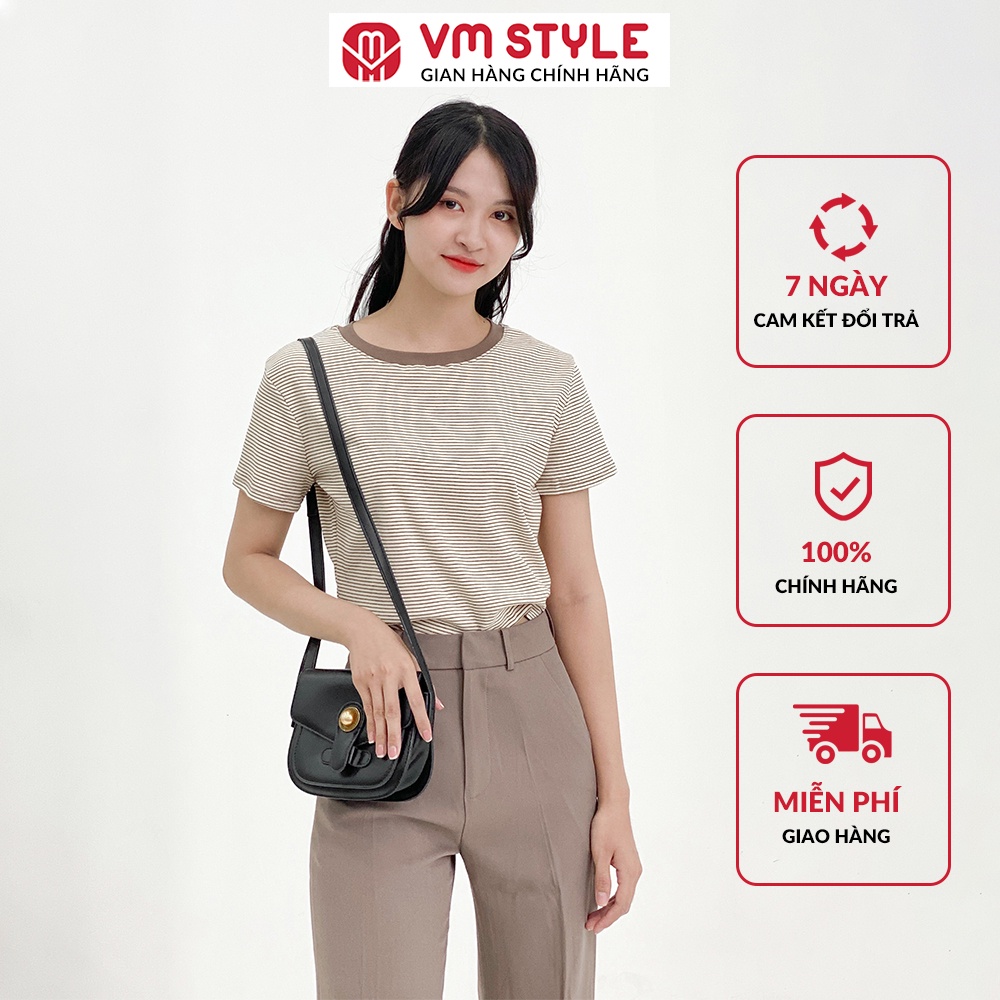 Áo thun nữ ngắn tay VM STYLE Thiết kế form rộng họa tiết sọc ngang phối viền cổ - 22ATU02P52501