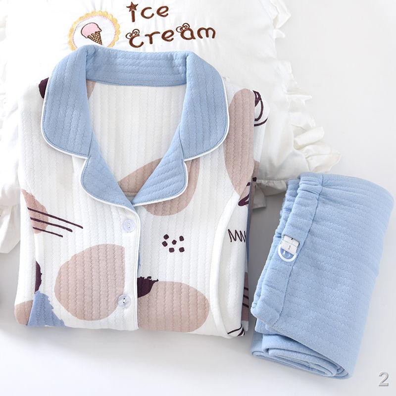 ✙Bộ đồ ngủ cho bà bầu, lớp thoáng khí cotton tinh khiết khi mang thai, quần áo bầu thu đông, dày dặn mùa xuân th