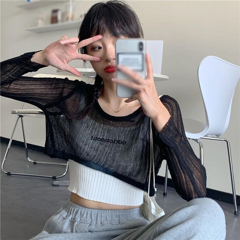 Áo thun tay dài dáng rộng thiết kế xuyên thấu mỏng chống nắng cho nữ