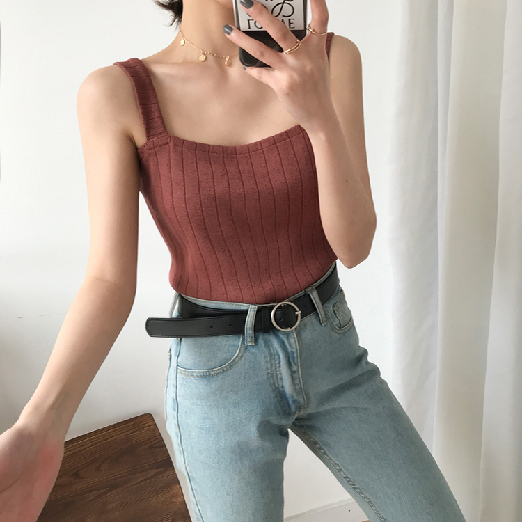 Áo Hai Dây Dệt Kim Cổ Vuông Màu Trơn Thời Trang 34921