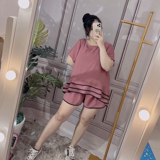 Set bộ 2 món áo viền đuôi cá form rộng cổ tròn tay ngắn kèm quần short ống rộng bigsize