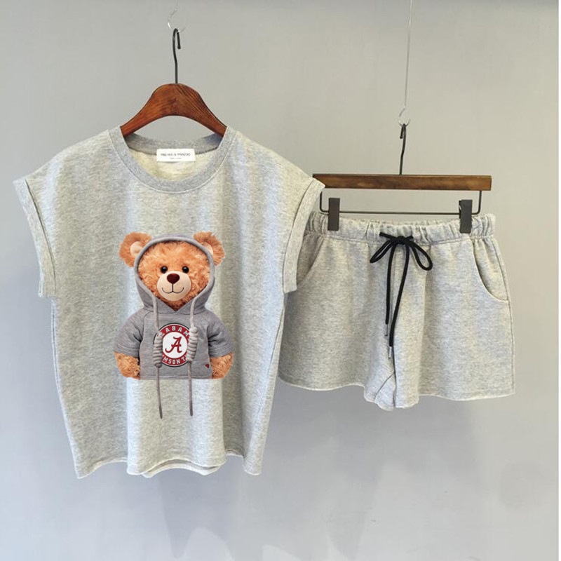 Set Đồ Thể Thao Gồm Áo Cotton Sát Nách Dáng Rộng In Hoạ Tiết Hoạt Hình + Quần Short Phong Cách Hàn Quốc