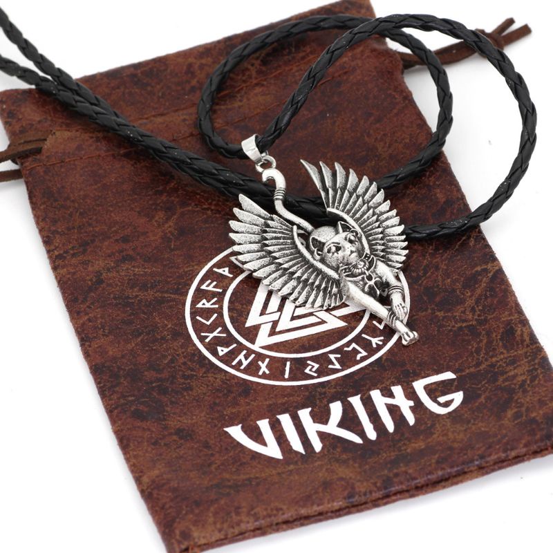 Mặt Vòng cổ Bằng Da Hình Tượng Mèo Ai Cập Bạc Thời Trang