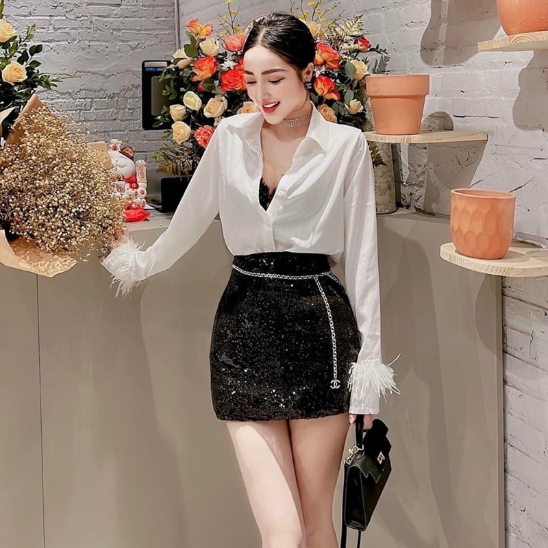 Set Áo Sơmi Lụa Tay Lông Mix Chân Váy Kim Sa Hàng L1