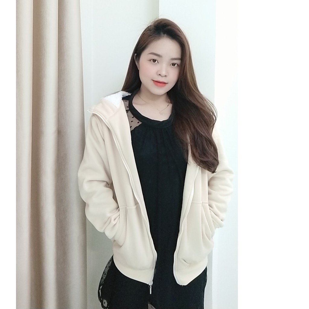 Áo khoác lót lông hoodie đôi nam nữ form rộng mặc đôi trơn 2 màu đen trắng đẹp