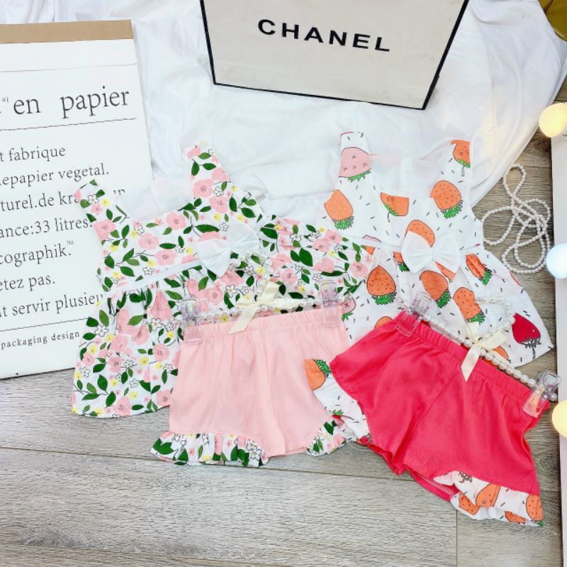 Bộ đũi hoa sát nách cổ vuông mềm mịn cho bé gái 5-25kg