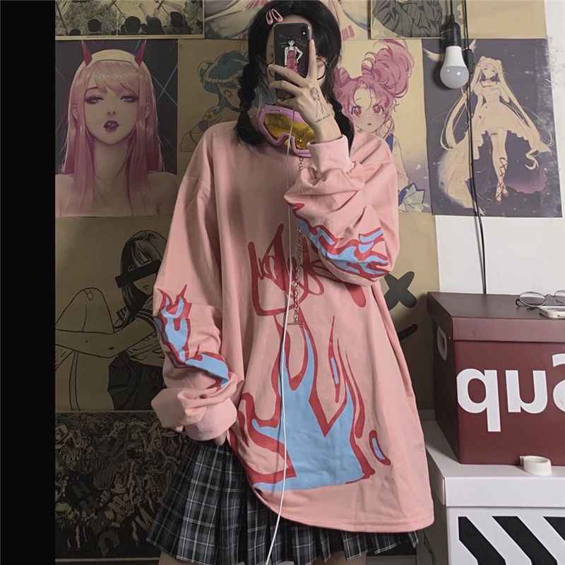 Áo Sweater Tay Dài Dáng Rộng In Hình Ngọn Lửa Kiểu Retro Thời Trang Mùa Thu 2020 Cho Nữ