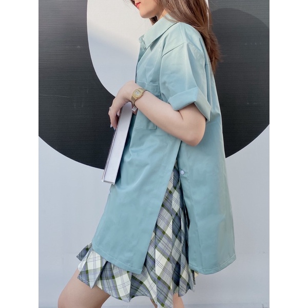 (Có sẵn) Áo Sơmi Nữ Tay Ngắn Hàn Quốc Xẻ Tà 2 Bên Đi Học BackToSchool Minipie