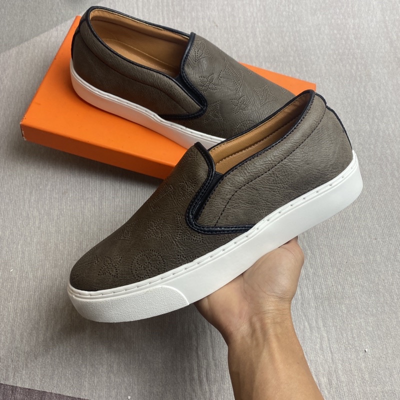 FULLBOX Giày lười Slipon lv. Giày Lười Nam Da Bò Màu Xám