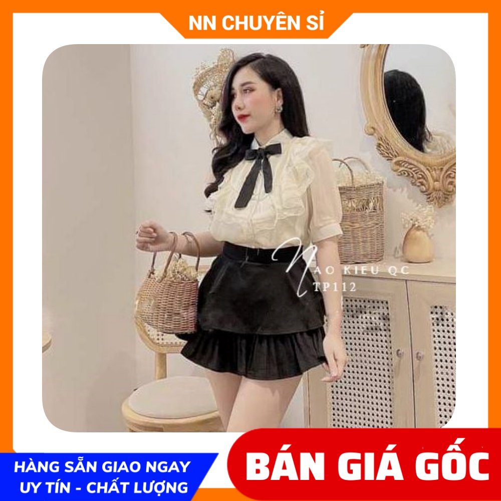 Áo kiểu nữ chất vải mềm mịn phối nơ đen dún bèo dễ thương Sơ mi công sở nữ TP112