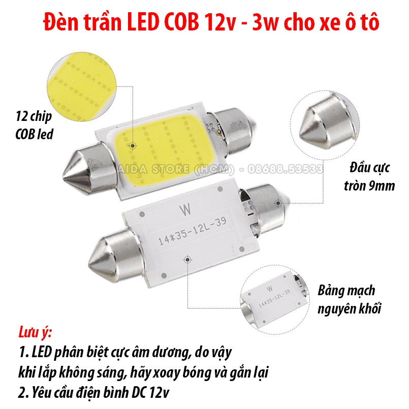 01 bóng đèn LED trần xe ô tô 12SMD COB 3w 12v